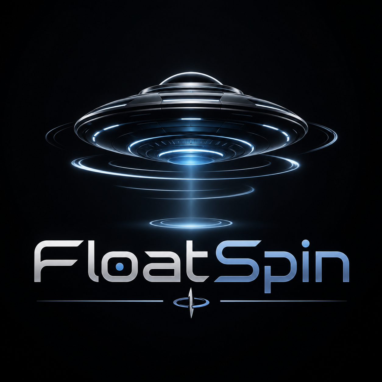 FloatSpin saucer emblem hovering above a beam of light